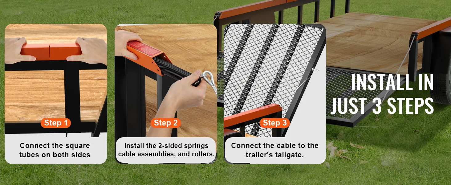 steps to install VEVOR trailer tailgate assist: connect square tubes, install springs, attach cable.
