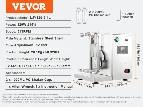 VEVOR milkshakemaker van roestvrij staal met shakerbekers en sleutel, afmetingen: 31x36x36 cm.
