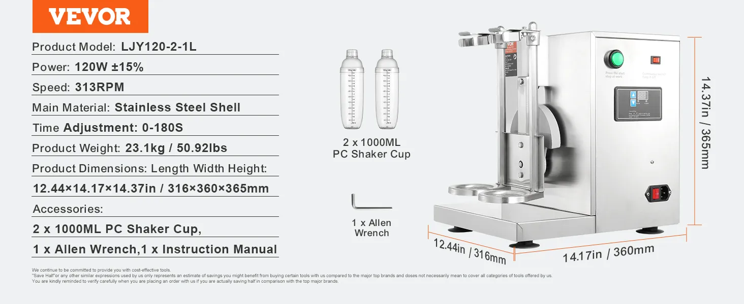 VEVOR milkshakemaker van roestvrij staal met shakerbekers en sleutel, afmetingen: 31x36x36 cm.