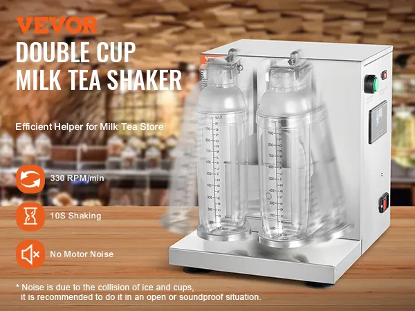VEVOR milkshakemaker met dubbele bekers, 330 tpm/min, 10s schudden en geen motorgeluid.