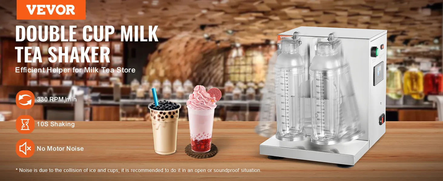 VEVOR milkshakemaker met dubbele bekers, 330 tpm/min, 10s schudden en geen motorgeluid.