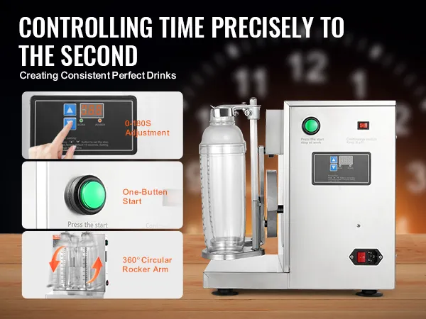 VEVOR milkshakemaker met 0-180s aanpassing, start met één knop en 360° ronde tuimelaar.