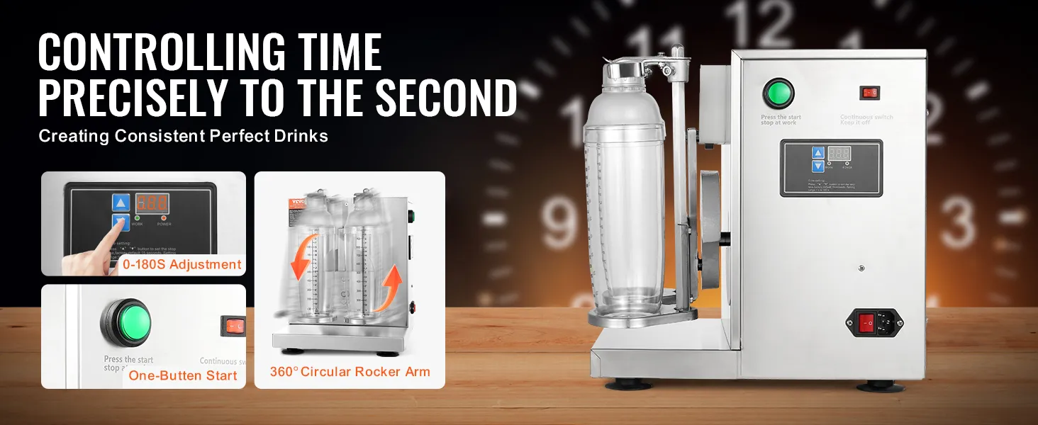 VEVOR milkshakemaker met 0-180s aanpassing, start met één knop en 360° ronde tuimelaar.
