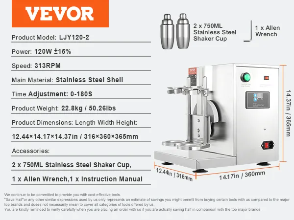 VEVOR milkshake maker, stainless steel shell, speed: 313rpm, power: 120w, includes 2 shaker cups.