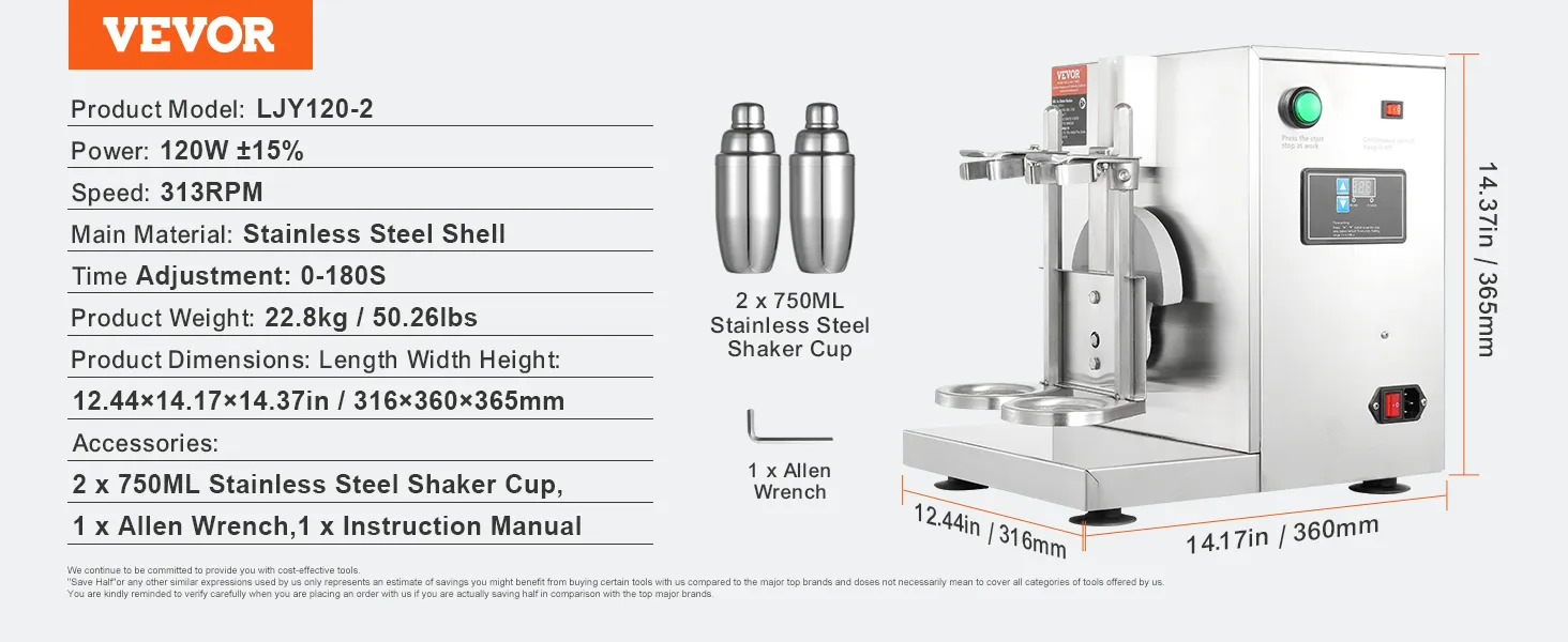 VEVOR milkshake maker, stainless steel shell, speed: 313rpm, power: 120w, includes 2 shaker cups.