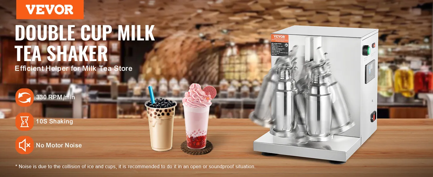 VEVOR double cup milk tea shaker with 330 rpm, 10s shaking, and no motor noise.