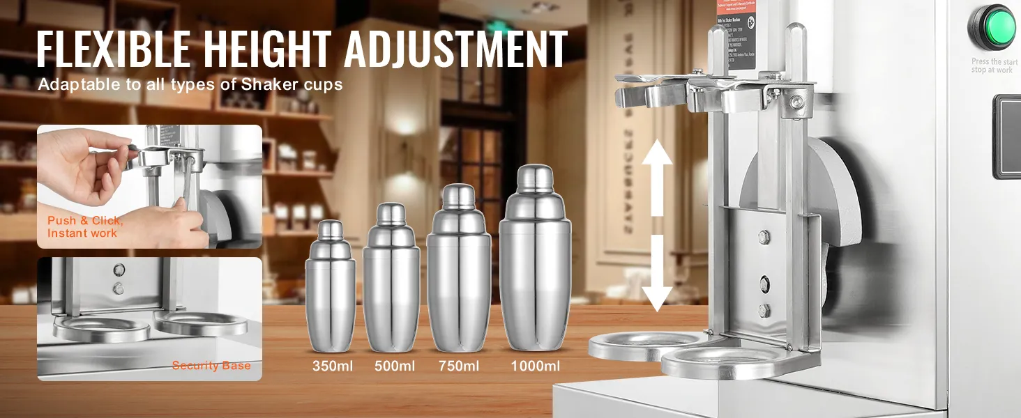 VEVOR milkshake maker with flexible height adjustment, showing different sizes of shaker cups.