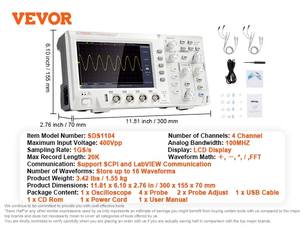 Osciloscopio digital VEVOR modelo sds1104 con pantalla lcd, 4 canales, accesorios y detalles del producto.