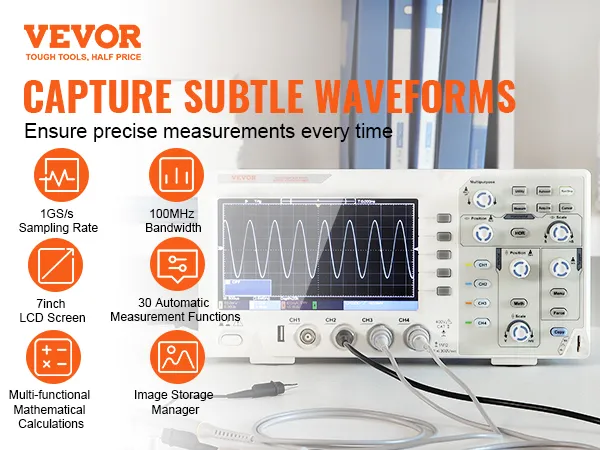 Osciloscopio digital VEVOR que muestra visualización de forma de onda, 1 gs/s, 100 mhz, LCD de 7 pulgadas y funciones de medición automática.