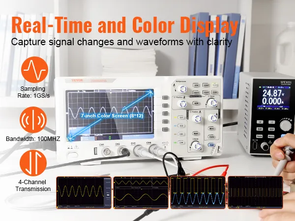 El osciloscopio digital VEVOR presenta una pantalla a color de 7 pulgadas con formas de onda, frecuencia de muestreo de 1 gs/s y ancho de banda de 100 MHz.