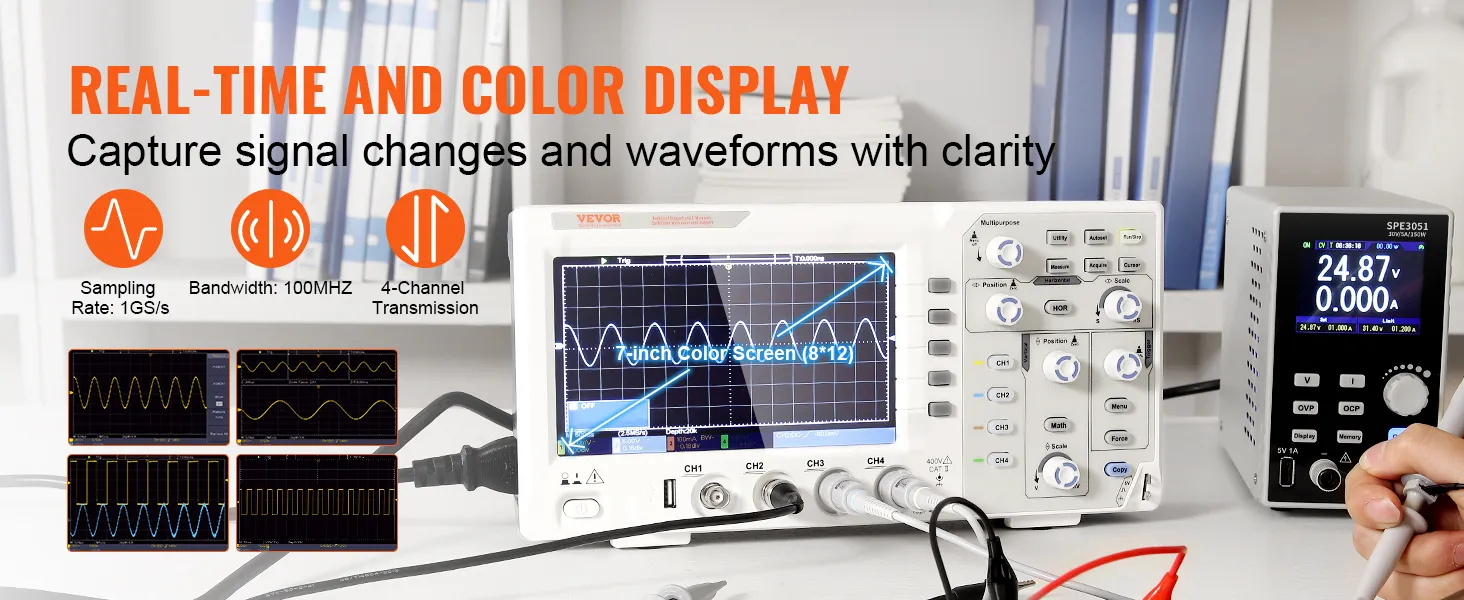 El osciloscopio digital VEVOR presenta una pantalla a color de 7 pulgadas con formas de onda, frecuencia de muestreo de 1 gs/s y ancho de banda de 100 MHz.