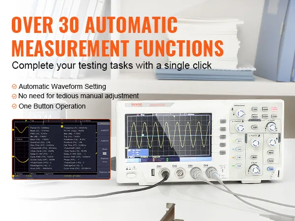 Osciloscopio digital VEVOR que presenta funciones de medición automática para tareas de prueba eficientes.