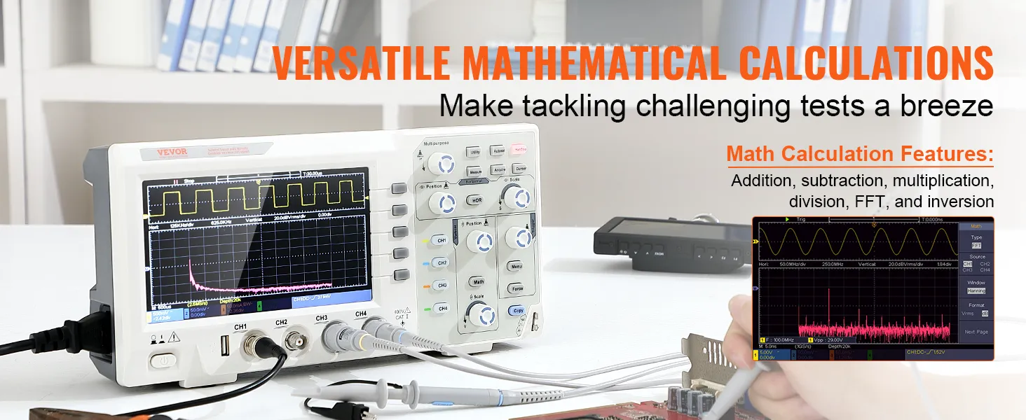 Osciloscopio digital VEVOR que muestra cálculos matemáticos versátiles para pruebas avanzadas.