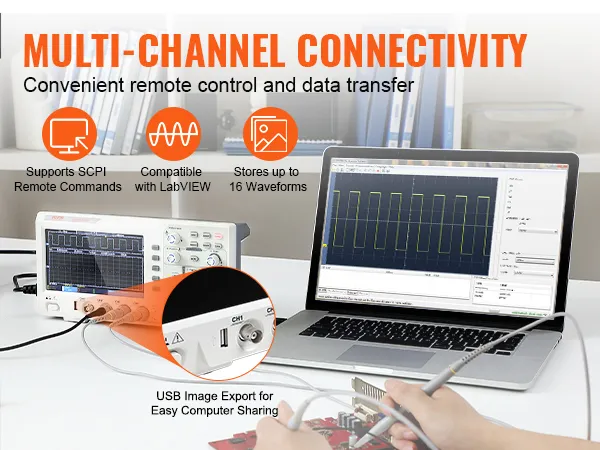 Osciloscopio digital VEVOR conectado a una computadora portátil que muestra formas de onda y muestra conectividad multicanal.