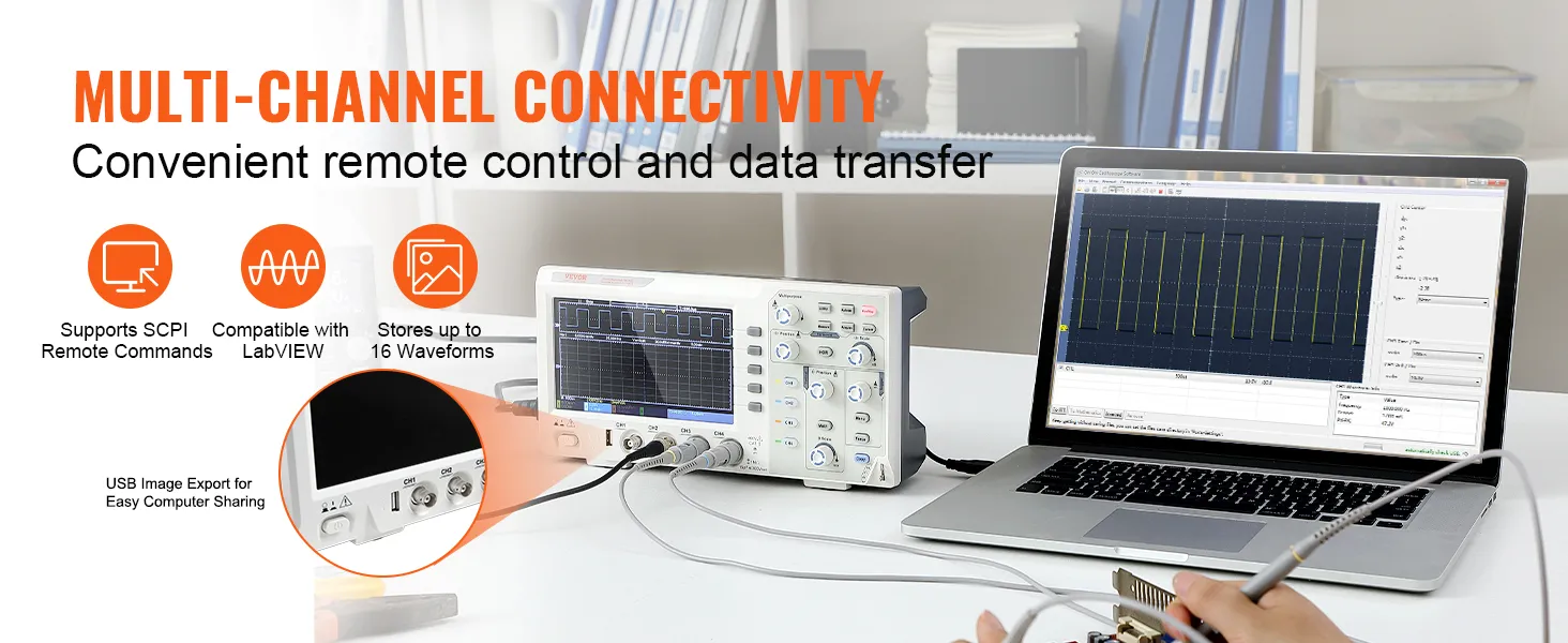 Osciloscopio digital VEVOR conectado a una computadora portátil que muestra formas de onda y muestra conectividad multicanal.
