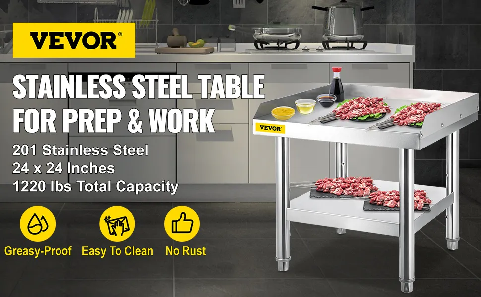 VEVOR stainless steel grill stand for prep, work, and cooking, 24x24 inches, 1220 lbs capacity.