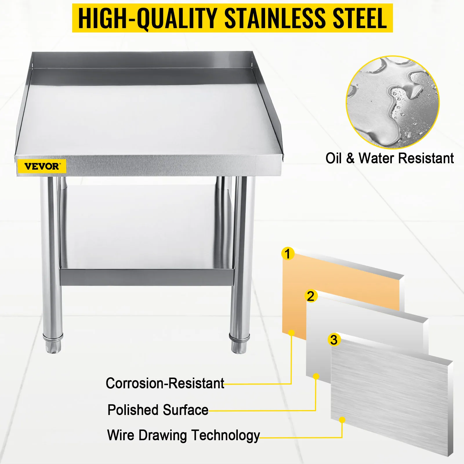 VEVOR stainless steel grill stand, corrosion-resistant, polished surface, oil and water resistant.