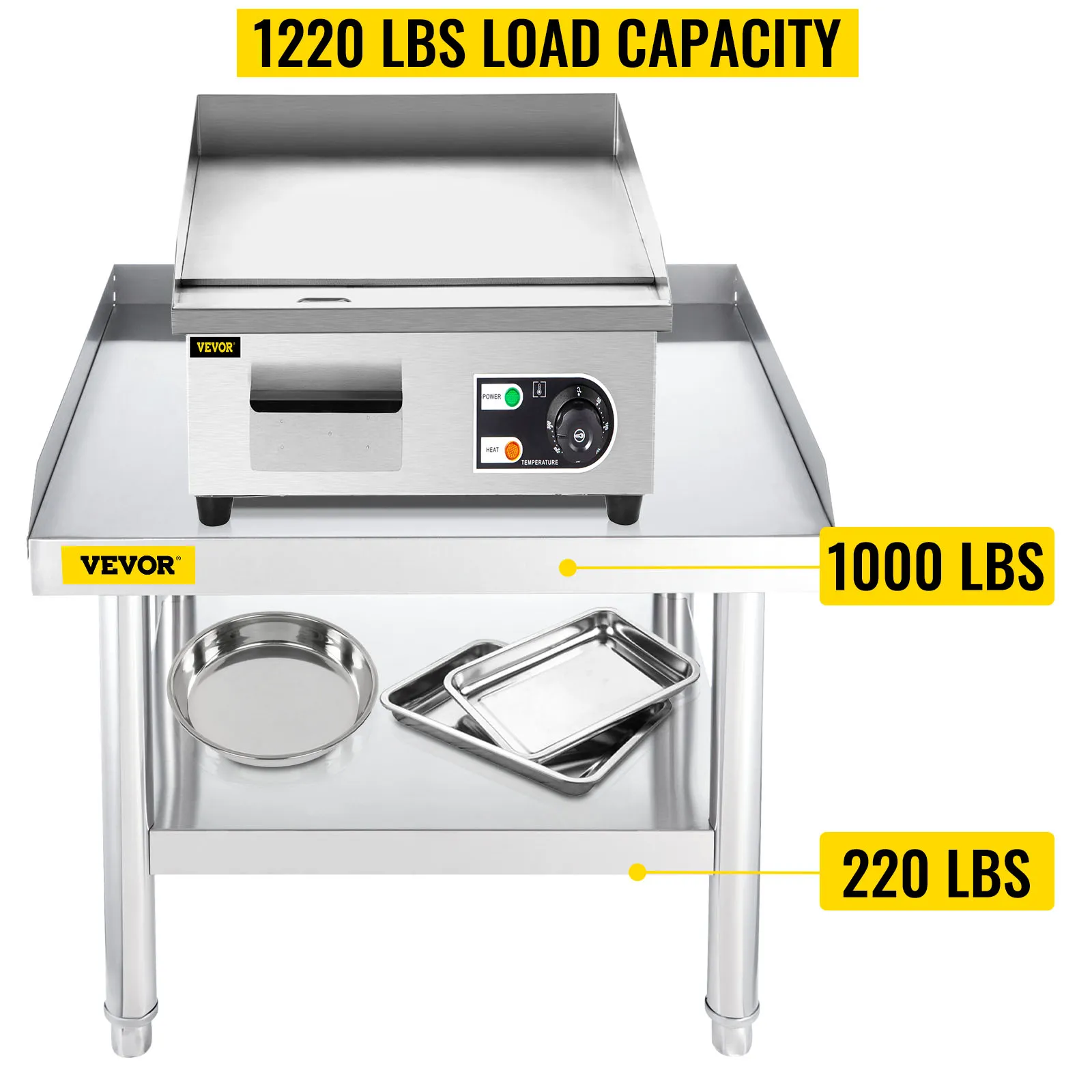 VEVOR stainless steel grill stand with 1220 lbs load capacity, featuring sturdy shelves.