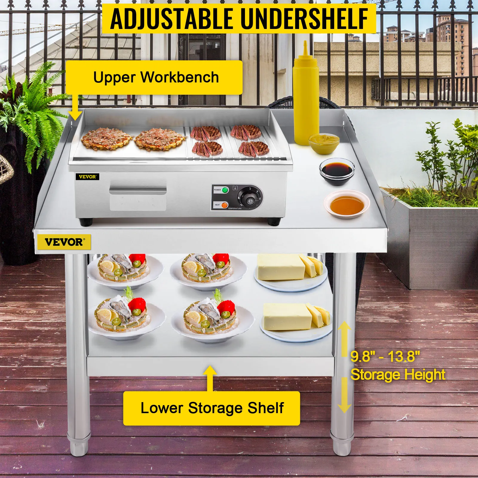 VEVOR stainless steel grill stand with adjustable under shelf and food items displayed.