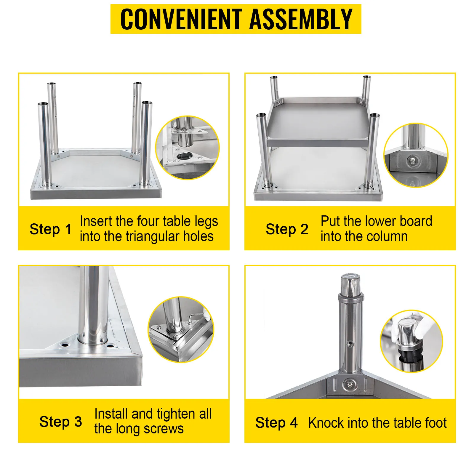 convenient assembly steps for VEVOR stainless steel grill stand with visual instructions.