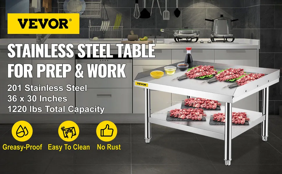 Mesa de acero inoxidable VEVOR para preparación y trabajo en una cocina.