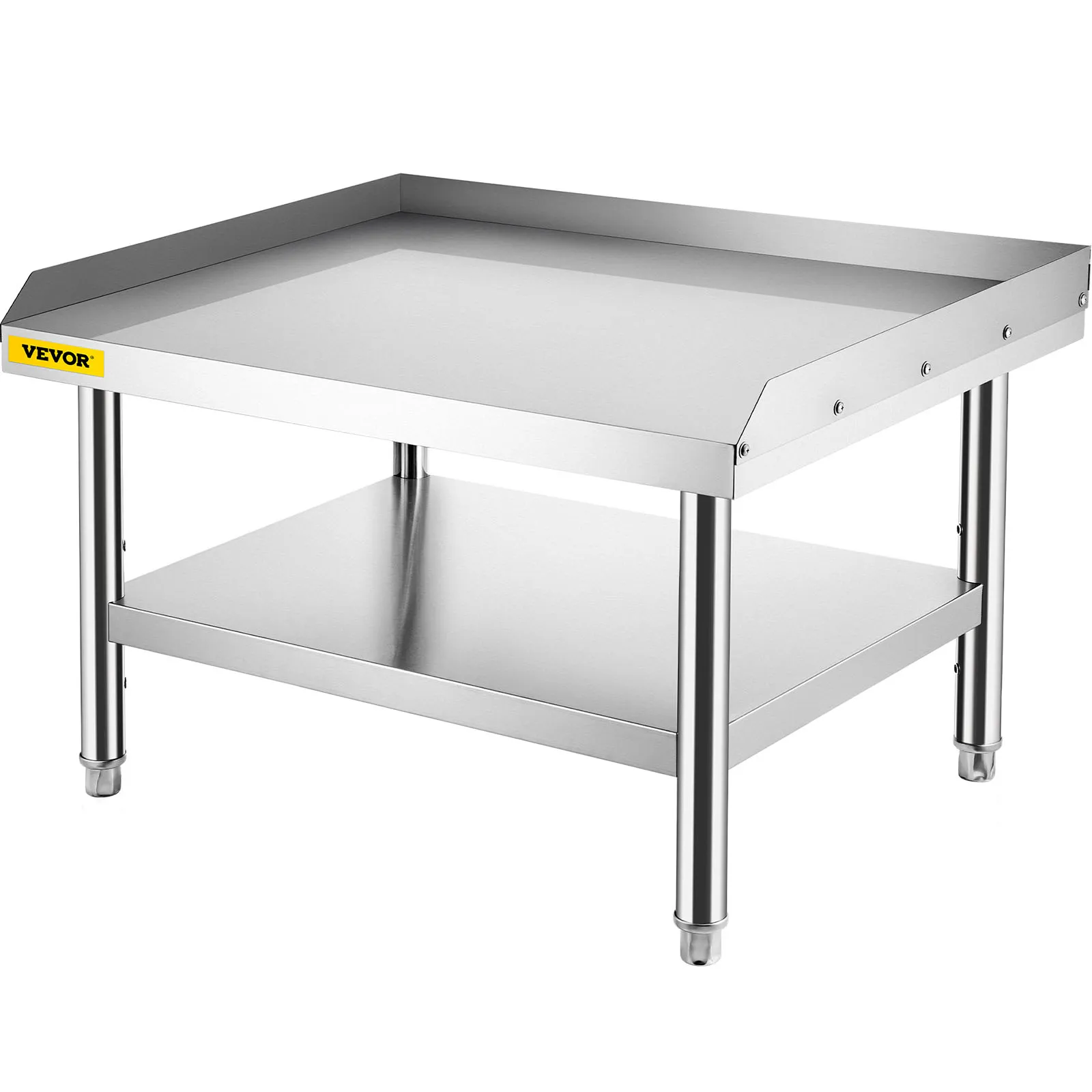 Soporte de parrilla VEVOR con construcción de acero inoxidable y un estante inferior para almacenamiento adicional.