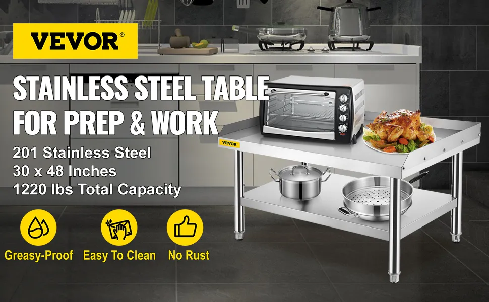 VEVOR stainless steel grill stand with oven and cooked chicken in a modern kitchen.