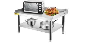 VEVOR stainless steel grill stand with oven, roast chicken, and cookware.