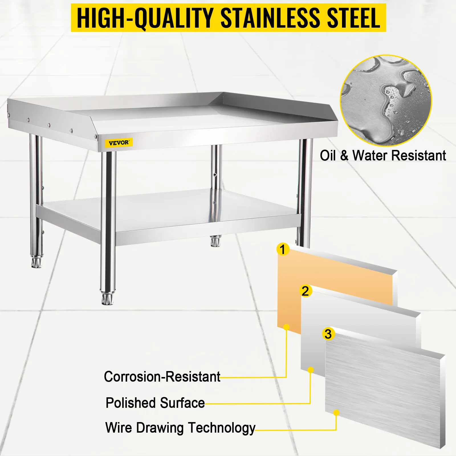 VEVOR stainless steel grill stand, oil-resistant, polished surface, sturdy design.