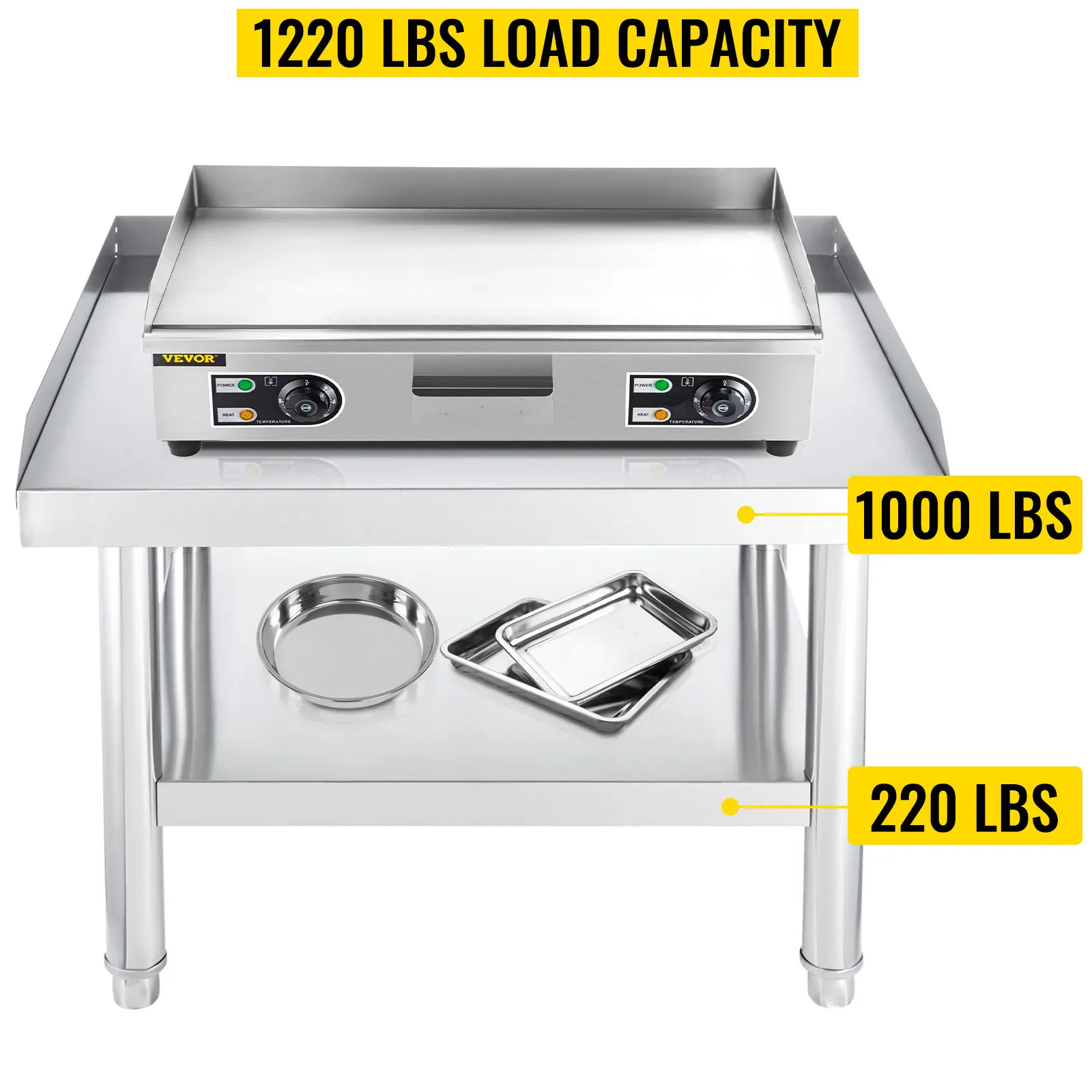 VEVOR stainless steel grill stand with 1220 lbs total load capacity, featuring trays.
