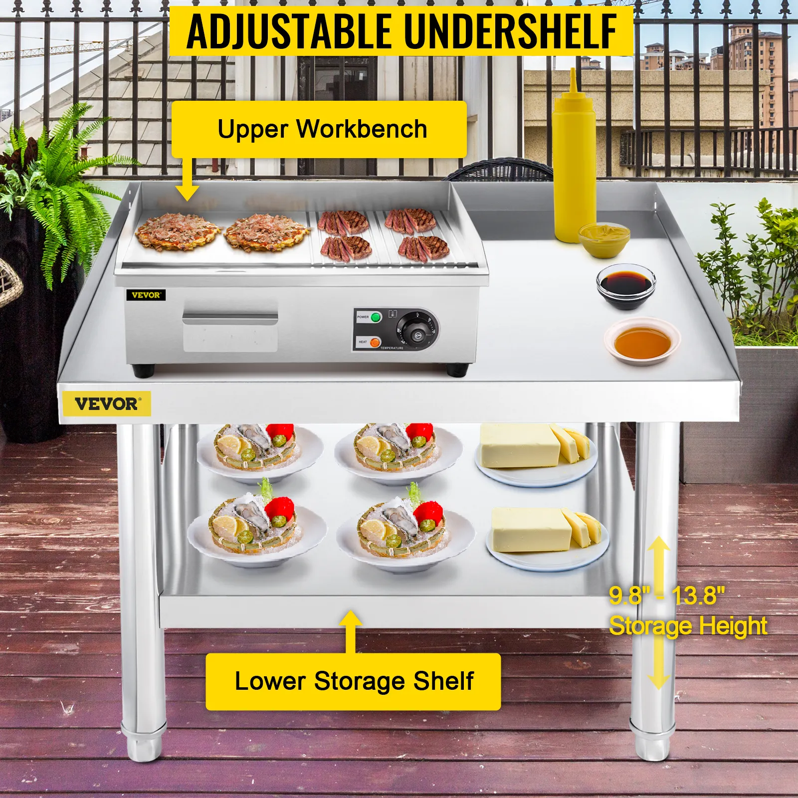 VEVOR stainless steel grill stand with adjustable undershelf and upper workbench.