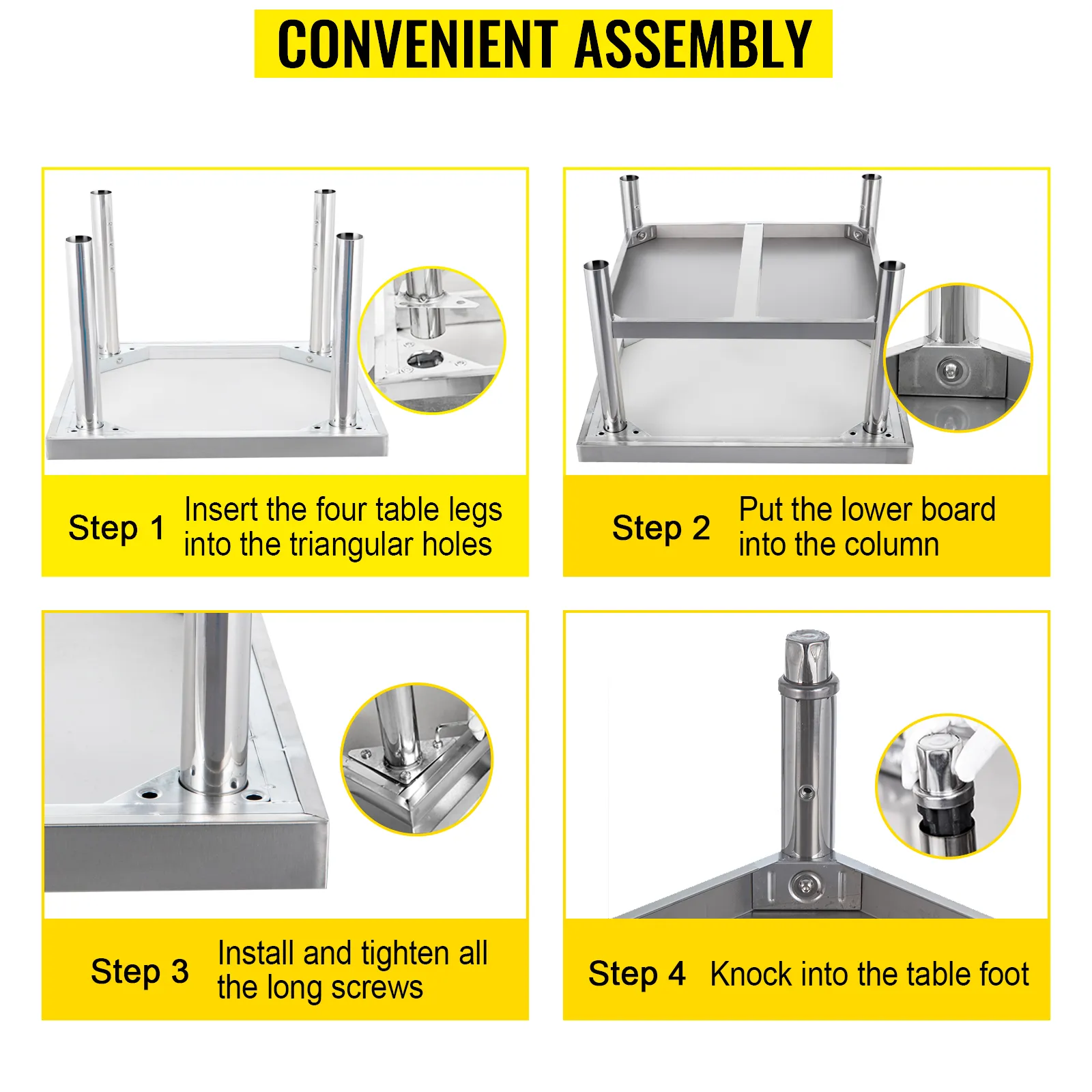 assembling a VEVOR stainless steel grill stand in four simple steps.
