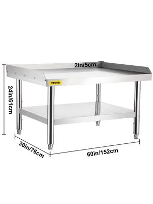 VEVOR stainless steel grill stand, 60in x 30in with 2-tier design and height measurements.
