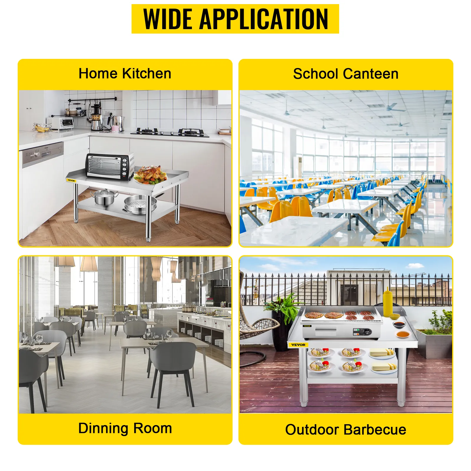 VEVOR stainless steel grill stand in kitchen, canteen, dining room, and outdoor barbecue.