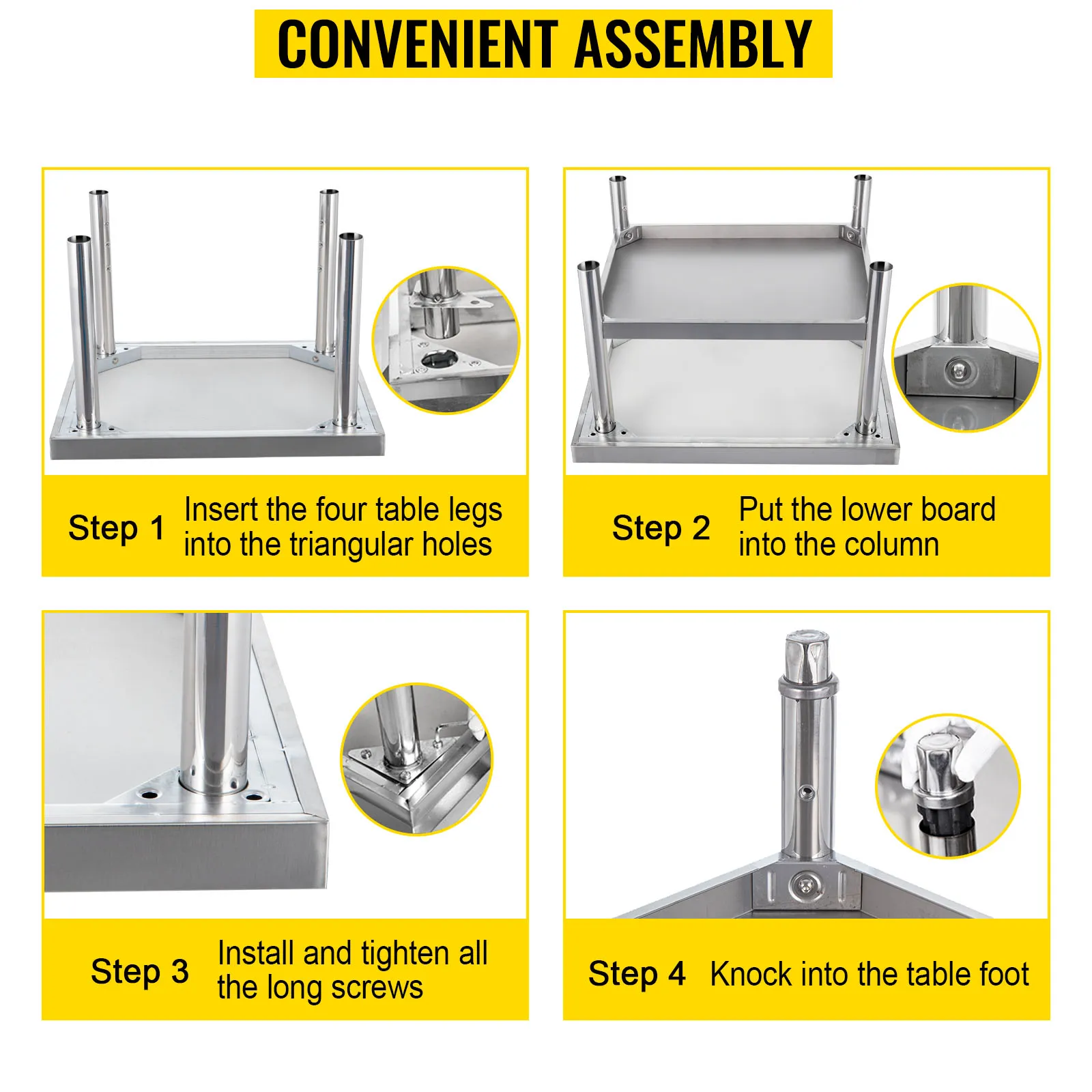 Pasos de montaje del soporte de parrilla de acero inoxidable VEVOR con instrucciones detalladas.