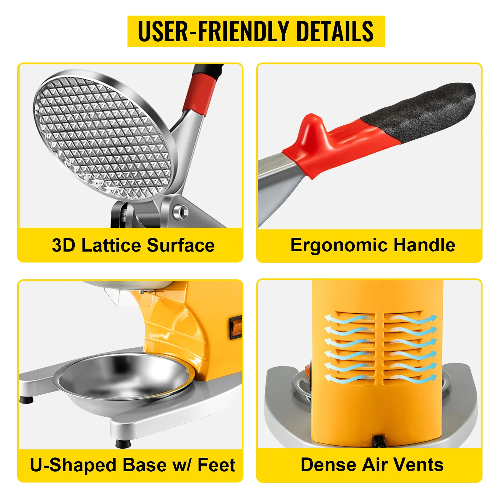 Máquina de afeitar de hielo eléctrica VEVOR con superficie de celosía 3D, mango ergonómico, base en forma de U, rejillas de ventilación.