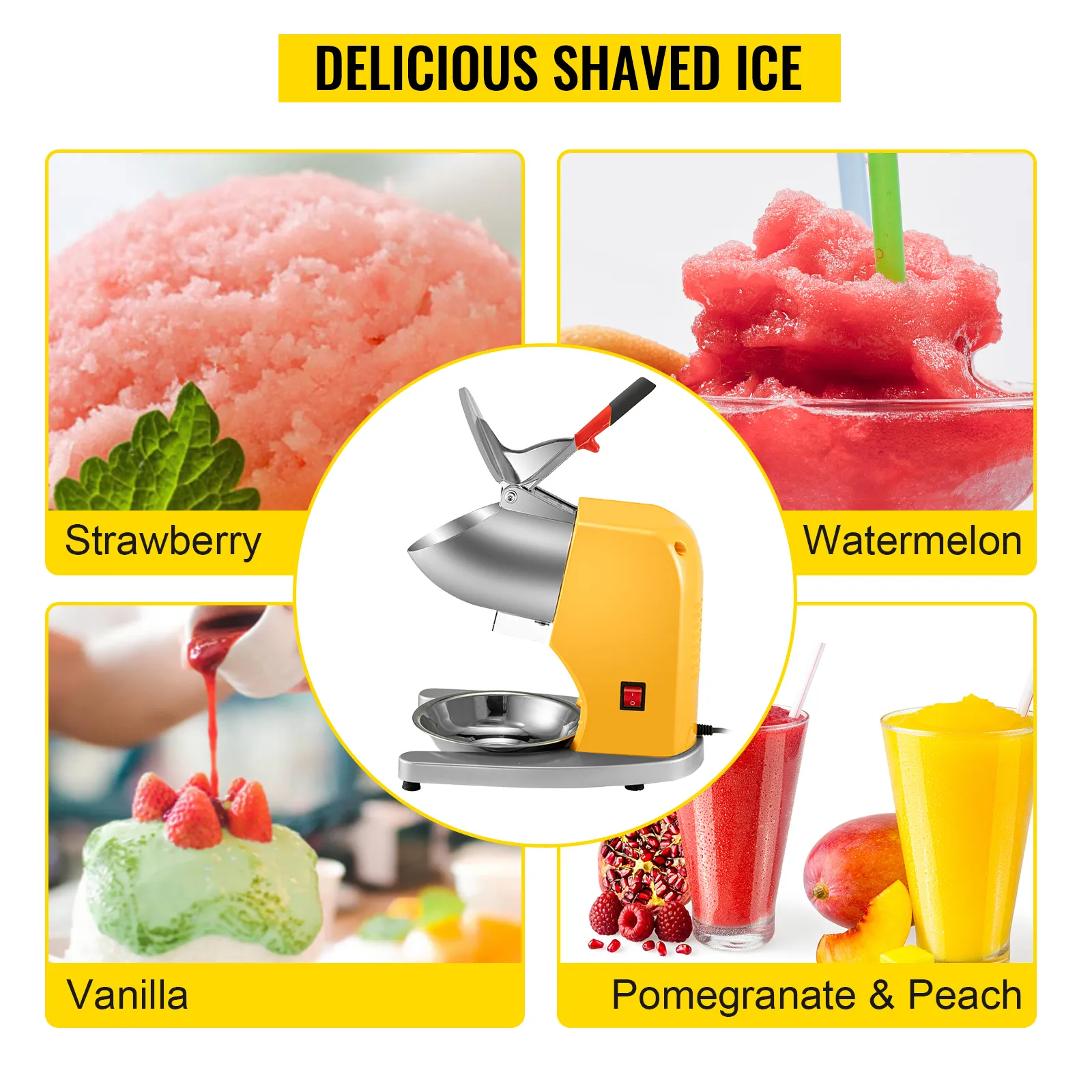 La trituradora de hielo eléctrica VEVOR crea un delicioso hielo raspado con sabor a fresa, sandía, vainilla y granada y melocotón.