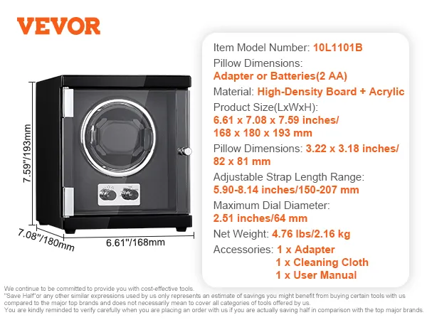 Nakręcarka do zegarków VEVOR z regulowanym paskiem, wykonana z płyty pilśniowej o dużej gęstości i akrylu. 7,59"x7,08"x6,61".