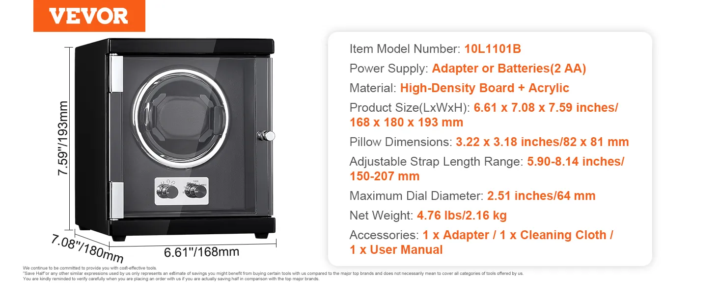 Nakręcarka do zegarków VEVOR z regulowanym paskiem, wykonana z płyty pilśniowej o dużej gęstości i akrylu. 7,59"x7,08"x6,61".