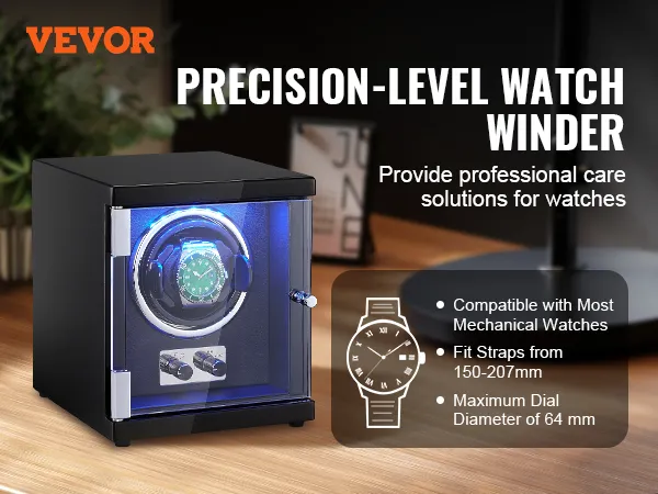 Nakręcarka do zegarków VEVOR z niebieskim podświetleniem LED, pasująca do większości zegarków mechanicznych, na drewnianym stoliku.