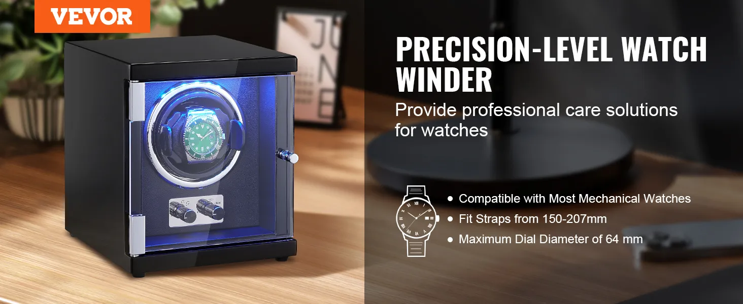 Nakręcarka do zegarków VEVOR z niebieskim podświetleniem LED, pasująca do większości zegarków mechanicznych, na drewnianym stoliku.