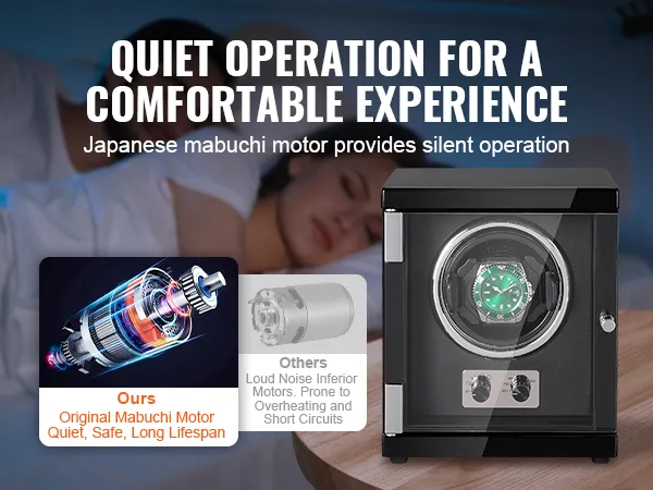 Nakręcarka zegarków VEVOR o cichej pracy i oryginalnym, trwałym silniku Mabuchi gwarantuje komfortowe użytkowanie.