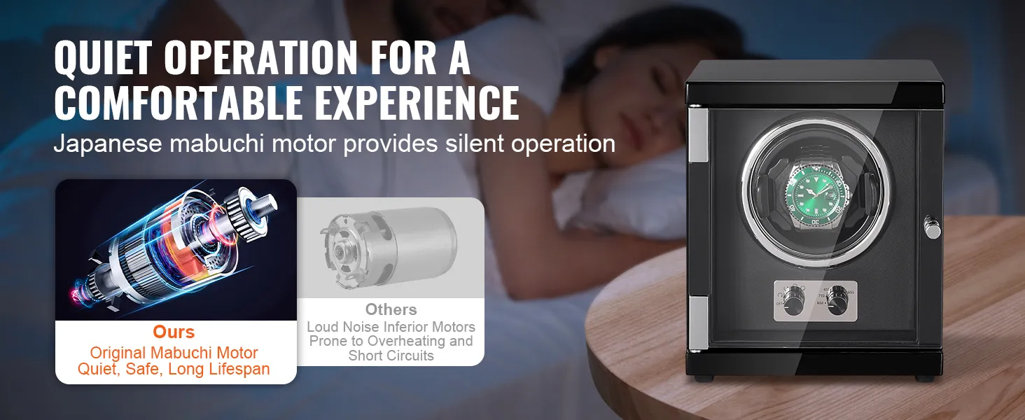 Nakręcarka zegarków VEVOR o cichej pracy i oryginalnym, trwałym silniku Mabuchi gwarantuje komfortowe użytkowanie.