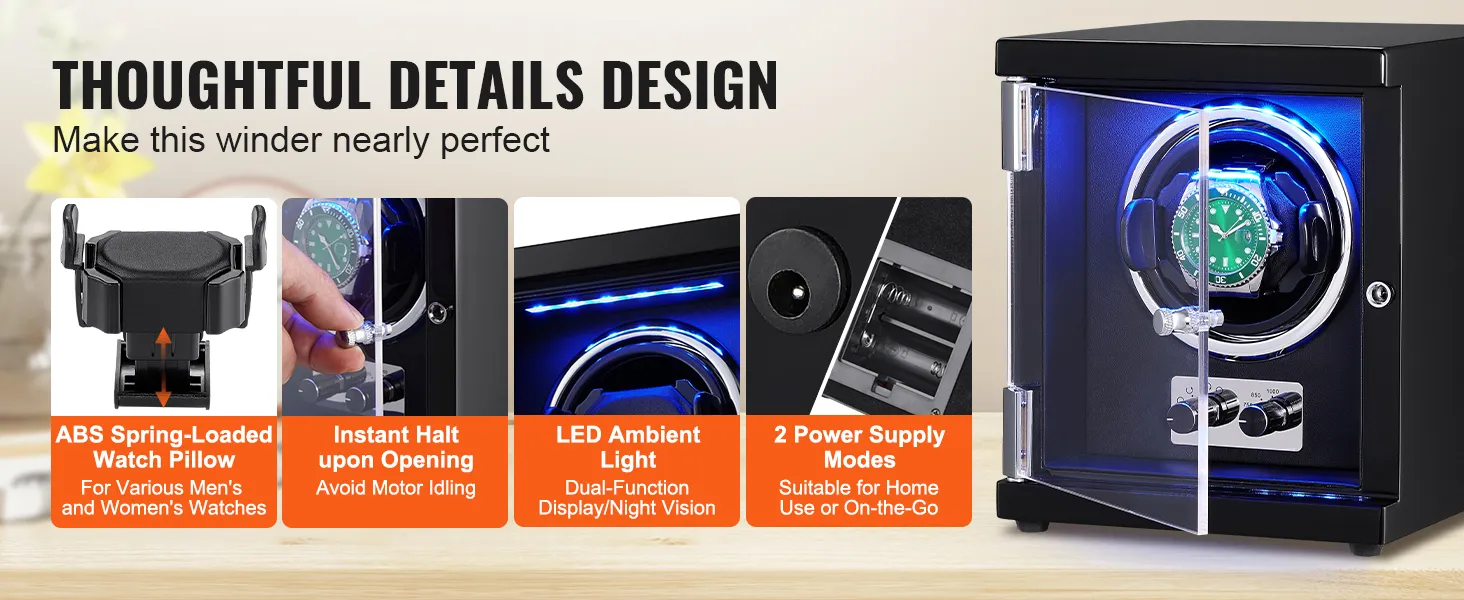 Nakręcarka do zegarków VEVOR z oświetleniem LED, sprężynową poduszką na zegarek ABS i dwoma trybami zasilania.