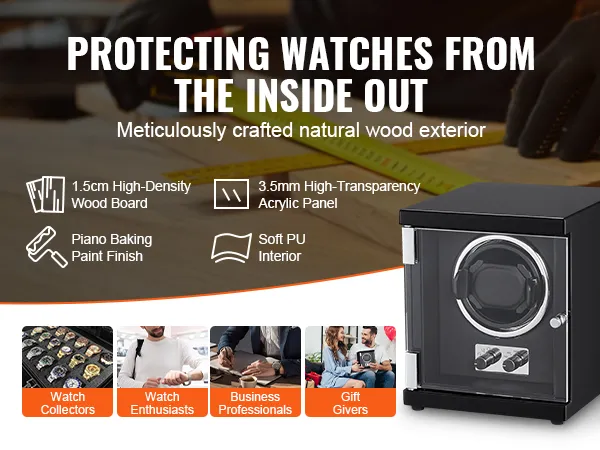 Nakręcarka do zegarków VEVOR z zewnętrzną warstwą z naturalnego drewna, płytą drewnianą o dużej gęstości, panelem akrylowym i miękkim wnętrzem z poliuretanu.