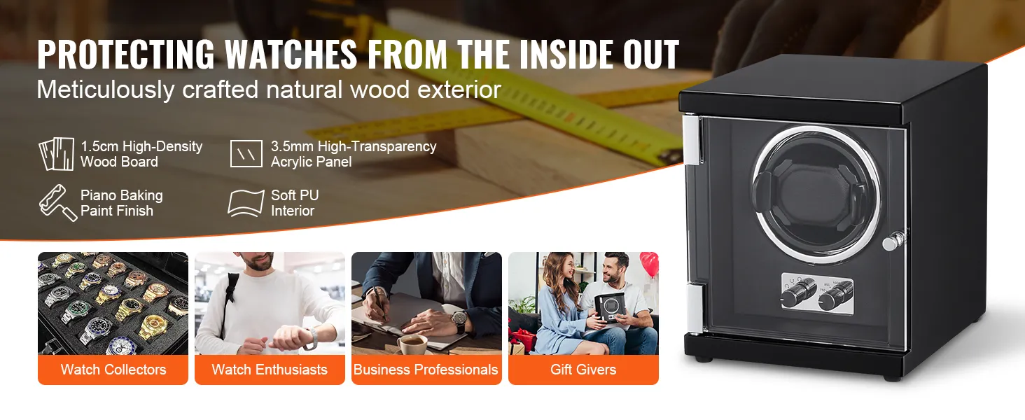 Nakręcarka do zegarków VEVOR z zewnętrzną warstwą z naturalnego drewna, płytą drewnianą o dużej gęstości, panelem akrylowym i miękkim wnętrzem z poliuretanu.