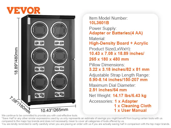 VEVOR watchwinder 10l3601b met 6 sleuven, hoogwaardig karton en verstelbare bandlengte.