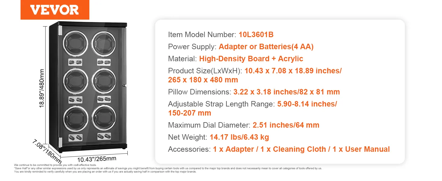 VEVOR watchwinder 10l3601b met 6 sleuven, hoogwaardig karton en verstelbare bandlengte.
