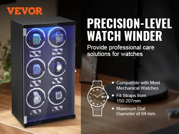 VEVOR horlogeopwinder met acht sleuven op een houten tafel, voor professionele verzorging.