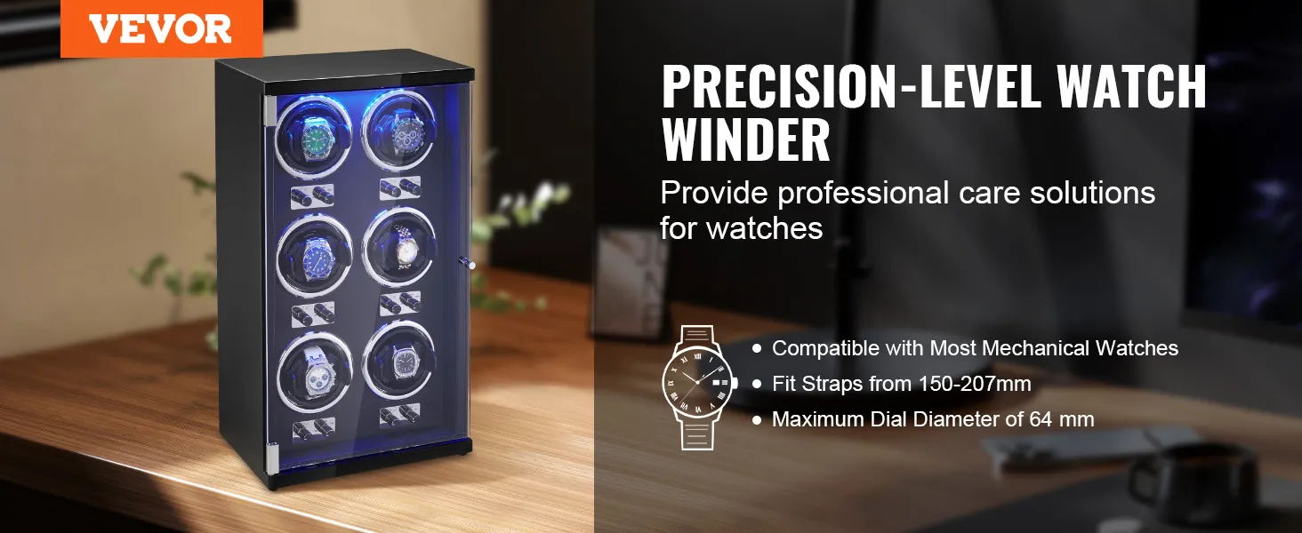 VEVOR horlogeopwinder met acht sleuven op een houten tafel, voor professionele verzorging.